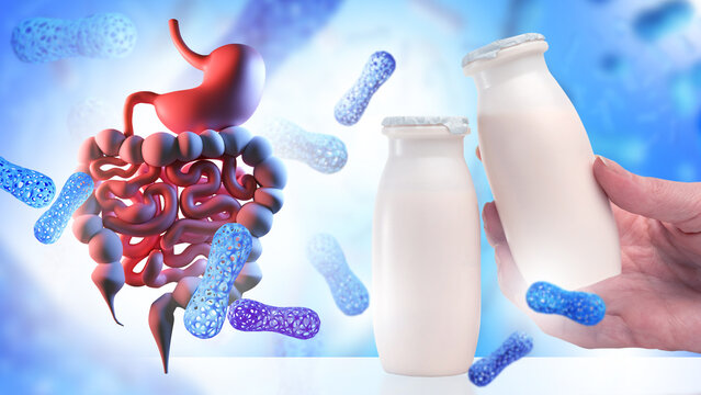 Dairy nutrition. Probiotic yogurt bottles support digestive health with gut microbiome and intestinal bacteria concept.
