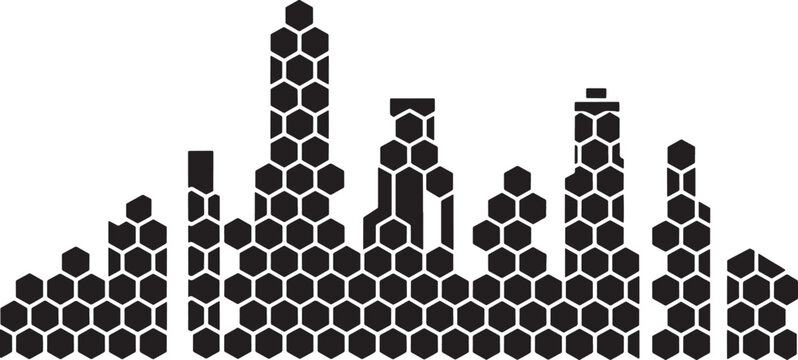 City skyline silhouette honeycomb hexagon pattern shapes in solid black on white background
