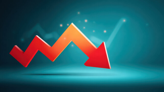 Declining market graph, red arrow, blue background, financial chart, downward trend, business decline, economic slowdown