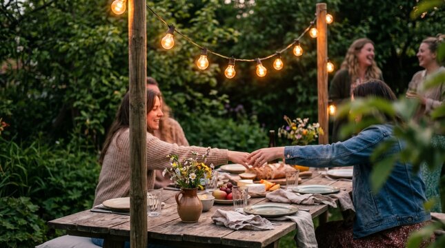 Group of happy female friends with a joyful mood sharing a meal and communicating around a rustic table against a lush garden backyard background