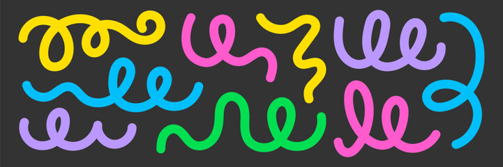 Fototapeta premium Line pattern shape abstract set. Hand drawn line pattern squiggle curve swirl with geometric wavy organic shape. Cute kid children confetti celebration carnival party background. Vector illustration