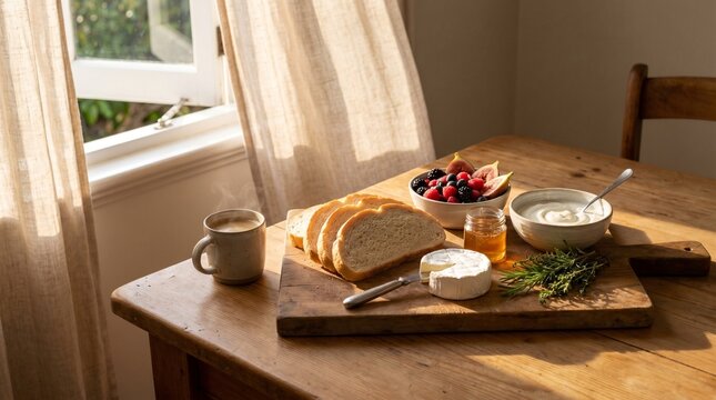 Wooden dining table with fresh sliced bread and organic toppings in bright dawn style in warm beige colors used for a comforting domestic start of the day with copy space