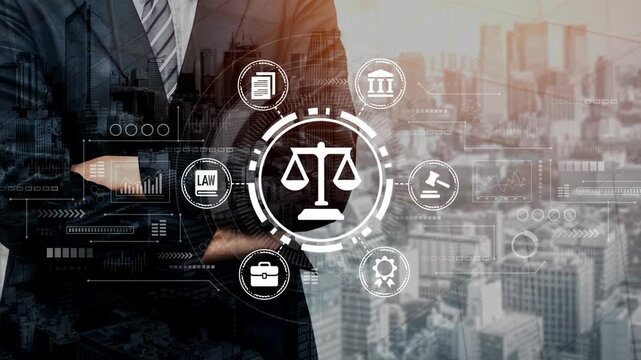 Businessman in Suit with Digital Legal Icons Overlay Against Urban Skyline Representing Law and Justice Concept. Entropy.