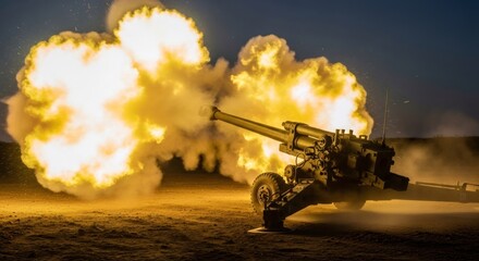 Fototapeta premium Artillery howitzer firing at night with intense muzzle flash. Military cannon shelling during combat operation. Heavy weaponry display in night battle. Defensive destruction power technology.