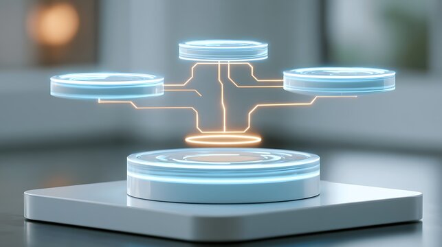 Floating holographic workflow diagram above a simple platform, business automation concept