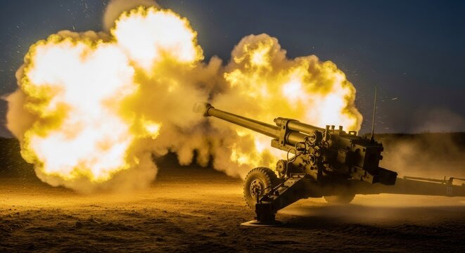 Artillery howitzer firing at night with intense muzzle flash. Military cannon shelling during combat operation. Heavy weaponry display in night battle. Defensive destruction power technology.