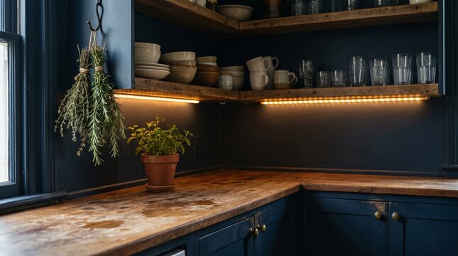 Empty kitchen counter and corner cabinetry in moody aesthetic style in dark blue colors representing an atmospheric dwelling design with copy space
