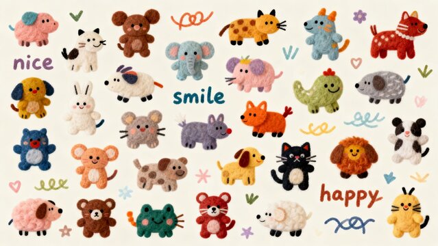 Adorable cartoon zoo and farm animal seamless pattern with happy smile text on white cute background