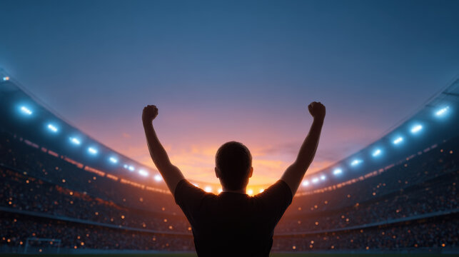 Low angle view of soccer stadium player silhouette raised arm sunset sky cheering crowd dramatic light sports arena victory moment