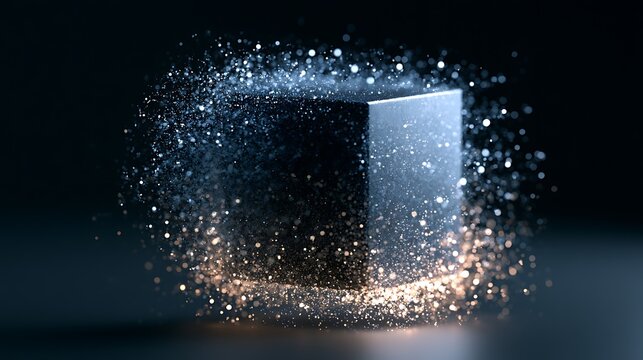 Single cube transforming into thousands of digital particles, generative AI creation concept
