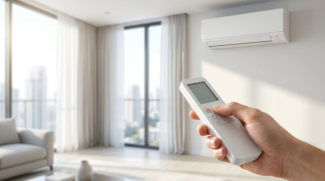 Hand using AC controller in bright room, air cooling, home appliance, and comfortable lifestyle concept.