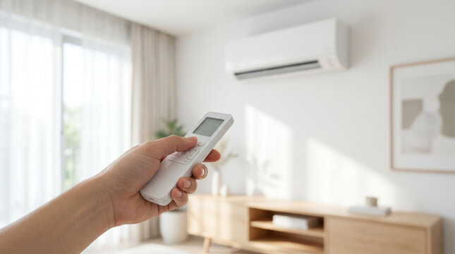 Person turning on air conditioner with remote, HVAC technology and modern home climate control image.