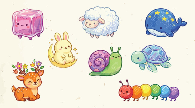 Collection of adorable, cute, and whimsical cartoon characters including a deer, rabbit, sheep, snail, turtle, whale, caterpillar, and jelly cube.