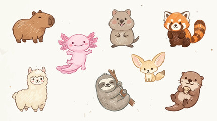 Obraz premium A charming collection of cute, hand-drawn cartoon animals including a capybara, axolotl, quokka, red panda, llama, sloth, fennec fox, and otter.