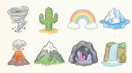 Naklejka premium Collection of colorful illustrations representing various natural phenomena and elements.