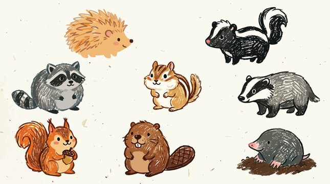 A charming collection of cute, hand-drawn woodland forest animals including a hedgehog, raccoon, chipmunk, squirrel, beaver, skunk, badger, and mole.