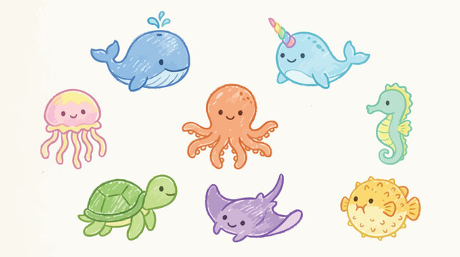 Collection of cute, hand-drawn cartoon sea creatures in pastel colors, perfect for children's illustrations and designs.