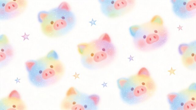 Kawaii rainbow pig face seamless pattern with soft pastel tones and tiny stars on clean white background