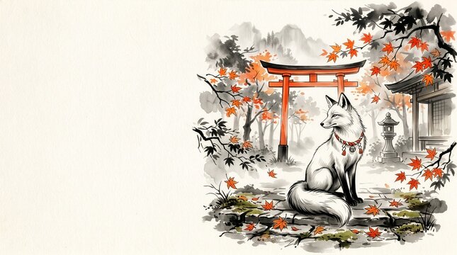 Sumi-e illustration of a white fox sitting in front of a red torii gate with autumn maple leaves