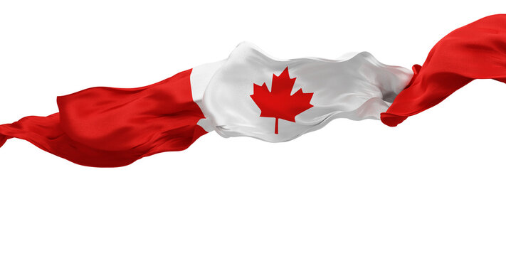 Canadian flag ribbon with silk fabric weave texture flowing isolated on transparent background with copy space design for canada day banner 3D render