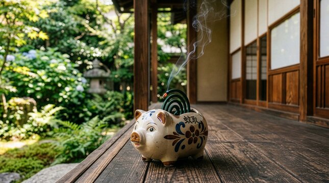 Ceramic pig mosquito coil holder with smoking green coil on a wooden porch in a Japanese garden