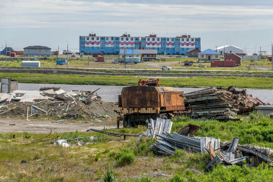 Anadyr city area in Chukotka region of Russia, a remote tundra area with industrial zones.
