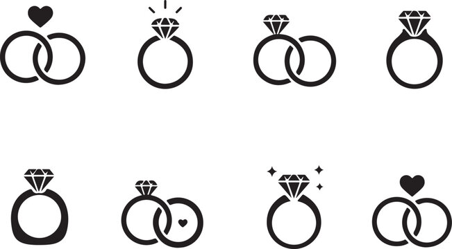 Wedding ring icon set marriage jewelry symbols collection with engagement graphic design elements