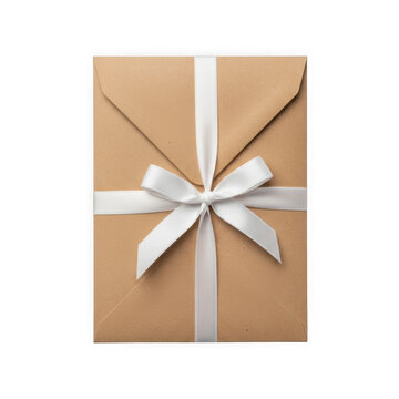 Brown paper gift box tied with white ribbon isolated on transparent background