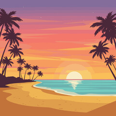 Obraz premium Tropical beach sunset with palm tree silhouettes and calm ocean waves in vector illustration style