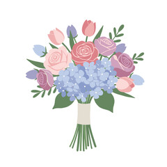 Obraz premium Beautiful hand-drawn flower bouquet featuring pink roses, blue hydrangeas, and tulips tied with a ribbon, isolated on white background