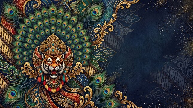 Reog Ponorogo Abstract Batik Background with Ornate Peacock Feather Patterns and Royal Gold Accents, Elegant Indonesian Cultural Heritage Design