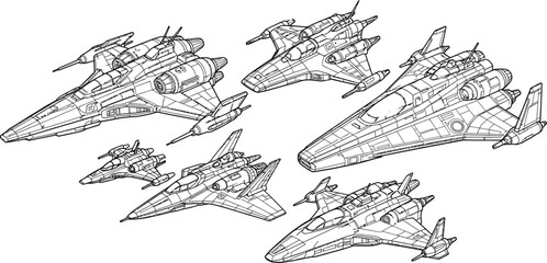 Collection of futuristic spaceship blueprints detailed line art illustrations of sci-fi spacecraft for game design and concept art isolated on white © Zohaib