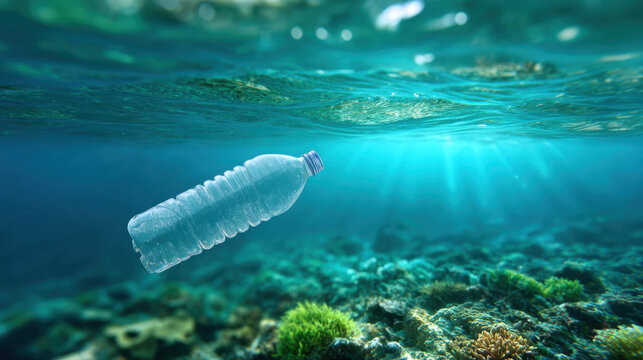 Plastic waste ocean pollution floating bottle underwater sea water marine debris plastic bottle clear water environmental damage pollution
