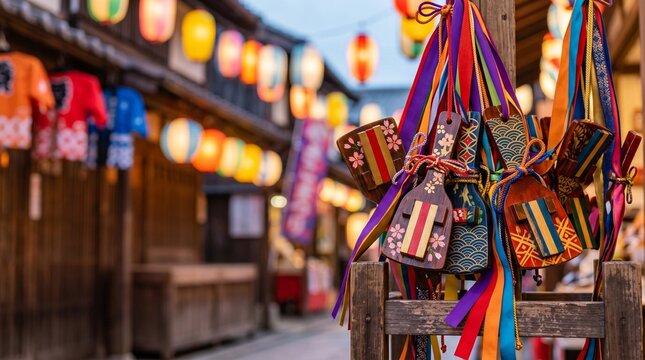 Yosakoi Matsuri, traditional japanese naruko clappers decorated with colorful patterns and festival ribbons
