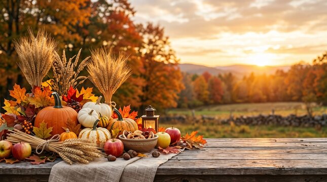 Mabon Equinox, autumn harvest arrangement featuring pumpkins, wheat bundles, apples and colorful leaves