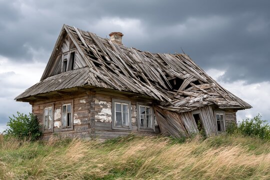 A dilapidated wooden abandoned house with a collapsed roof and broken windows in a field.