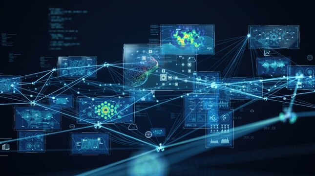 Abstract visualization of big data network connectivity with floating digital screens displaying code graphs world maps and neural networks connected by glowing lines representing