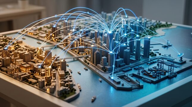 Futuristic smart city model with digital network connections, glowing blue data lines connecting skyscrapers and infrastructure, urban planning concept, internet of things