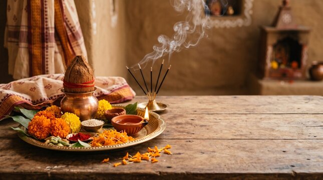 Mahalaya Amavasya Puja Thali with Fresh Marigold Flowers, Traditional Oil Diya Lamps, and Incense Smoke for Ancestral Offerings and Pitru Paksha Rituals