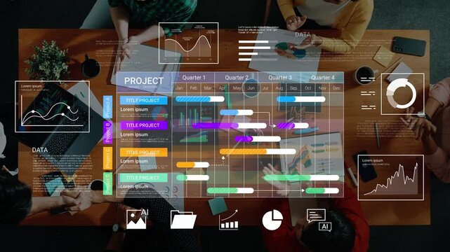Creative teamwork and data analysis at a modern workspace showcasing project management with colorful charts and graphs overlaid on a wooden table Gluon.