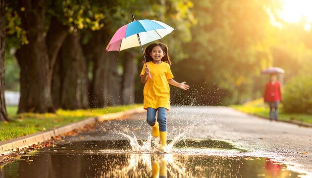 Girl splashes in puddle with colorful umbrella in park during sunny day