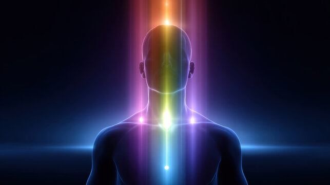 Abstract human silhouette with rainbow energy light beam and glowing chakra alignment on dark background