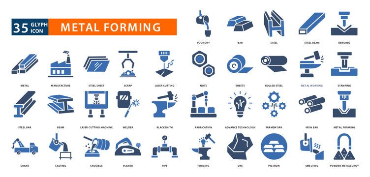 metal forming icon set with foundry, bar, steel, steel beam, bending, metal, manufacture, steel sheet, scrap,
laser cutting, nuts, sheets, rolled steel, metalworking, stamping, steel bar, beam