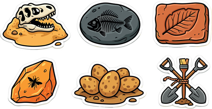 Cute Paleontology Sticker Set with Dinosaur Skull T Rex Fossil Fish Skeleton Leaf Imprint Insect in Amber Eggs and Shovel Tool Icons
