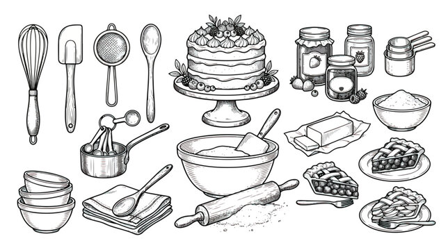 Vintage hand drawn baking tools and dessert collection, rustic kitchen utensils and cake vector set, black and white bakery line art illustrations