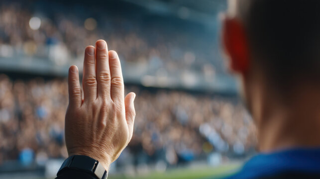 Referee hand gesture during sports game in crowded stadium, signaling timeout with focused motion and blurred audience background