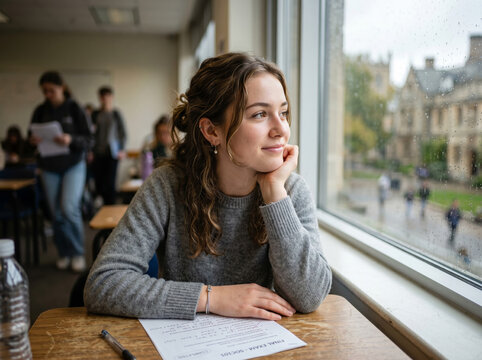 Pensive girl student sitting at library desk looking out window