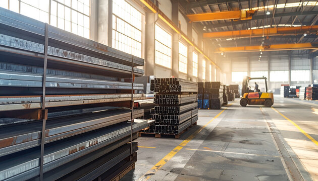 Industrial Warehouse Interior with Stored Metal Sheets and Forklift.