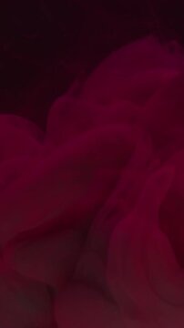 Vertical video. Red color wave. Steam texture. Defocused vibrant paint swirl pigment on abstract dark black vapor acrylic background.