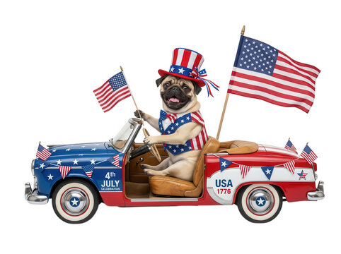 Patriotic dog in a decorated car with american flags